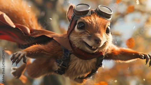 Heroic Squirrel Pilot Navigating High-Tech Aerial Vehicle Through Picturesque Woodland Landscape photo