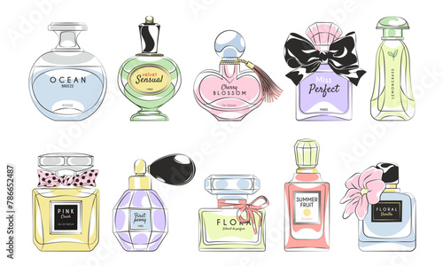 Cartoon perfumery bottles. Vintage glass flask with spray, designer packages, luxury fragrances, beauty unisex products, different flacons with dispenser, tidy vector isolated beauty product set