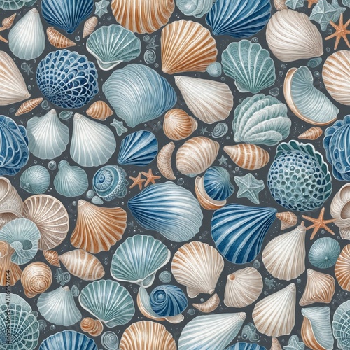 marine life Background with blue sea shells in Bright Colours 