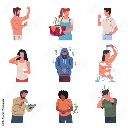 Bad smell people. Health and hygiene issues, men and women eliminate sweat smell, feet, bad breath, dirty clothes, characters use deodorants and soap, take shower cartoon flat nowaday vector set