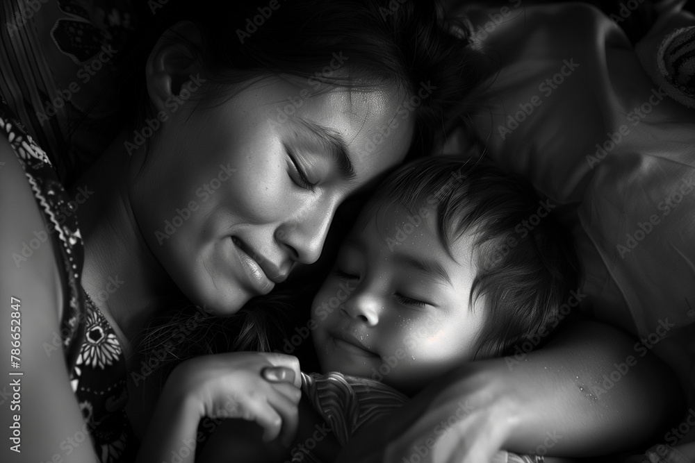 A mother watches over her child, who smiles while sleeping A mother watches over her child, who smiles while sleeping