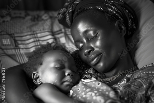 A mother watches over her child, who smiles while sleeping