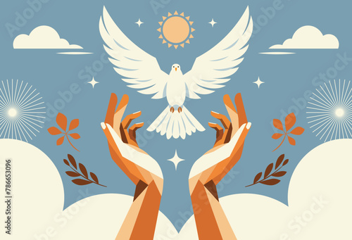 White bird Dove is a symbol of peace in the word, hands release bird. Horizontal banner concept, flat vector design	
