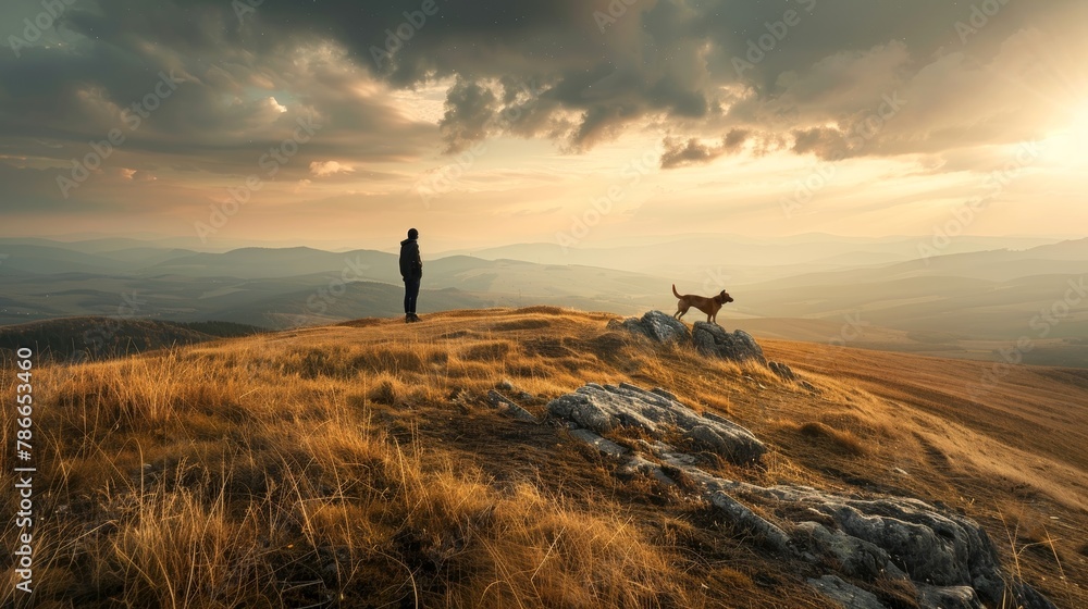A man and his dog are standing on a hilltop overlooking a valley. The sun is setting, and the clouds are forming on the horizon. The image is peaceful and serene, and it captures the beauty of nature.
