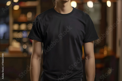 Model in simple men's black T-shirt