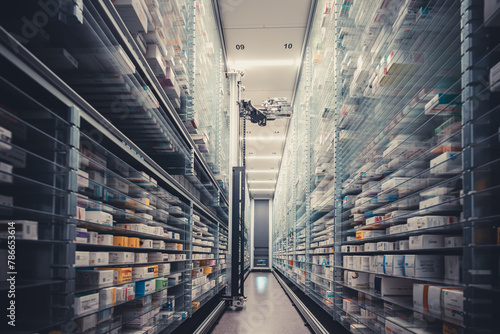 A pharmacy storage room and a robot hand are arranging and store out drugs in a pharmacy.