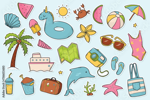 Summer doodles set. Summer stickers collection. Hand drawn cartoon elements for prints, cards, posters, banners, signs, etc. EPS 10