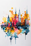 Loose abstract  London skyline illustration, including iconic landmarks. In flowing loose watercolor style with bleeding vibrant colors, expressive mark making
