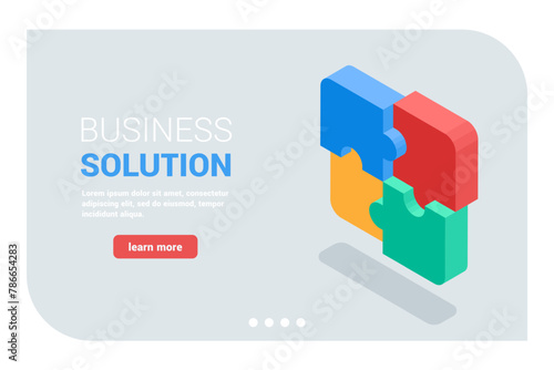 isometric vector landing page with a puzzle of four pieces, in color on a white background, business solution