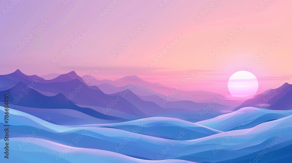 Pink and purple landscape with mountains and sea at sunrise. Digital illustration with tranquil view.