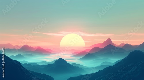 Stylized vibrant sunrise over layered mountain peaks. #786654485