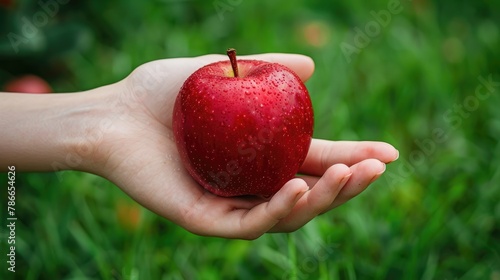 Hand holding a red apple against a backdrop of green grass