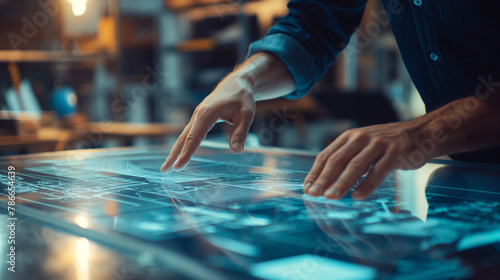 Experts using a smart table to manipulate digital models of engineering projects in a workshop setting, illuminated subtly by natural light that adds depth. , natural light, soft s