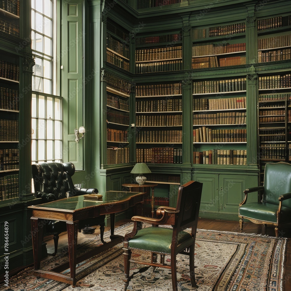 Spacious Antique Green British Library Bookshelves Loaded with Books