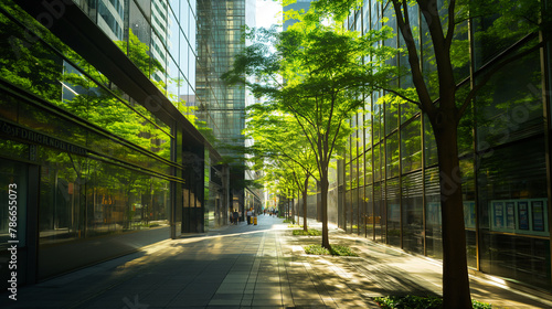 A green corridor in the city offers a tranquil walking path between rows of convenience stores and beneath tall office buildings, with sunlight filtering through leaves creating da