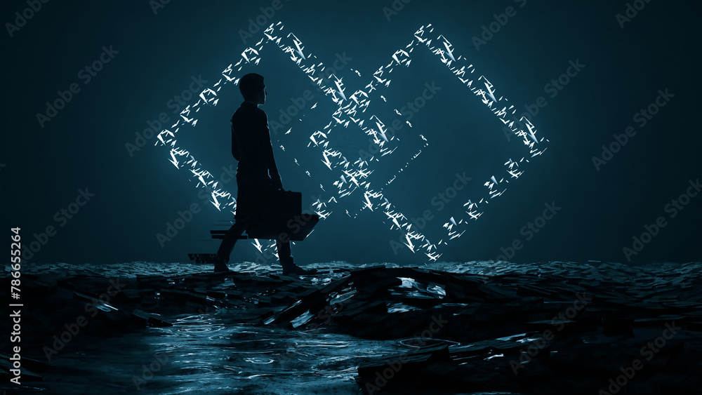 Abstract Businessman in Dark background Turn around with Money Bag, Illuminated by Infinity Symbol, 3d render