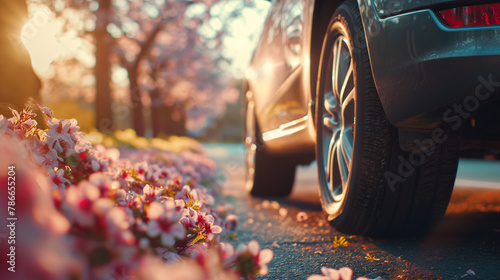 A car parked on a road lined with blooming flowers, sunlight highlighting the tire and warm pavement. , natural light, soft shadows, with copy space © Катерина Євтехова