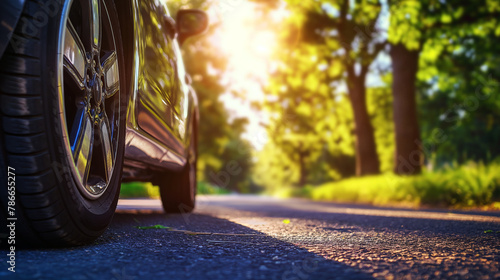 A family car on a green-lined road, the sun casting a warm glow on the tire and pavement, suggesting a perfect day for a drive. , natural light, soft shadows, with copy space © Катерина Євтехова