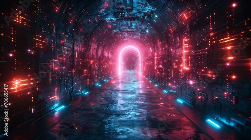 Futuristic digital tunnel with vibrant lights in a data center