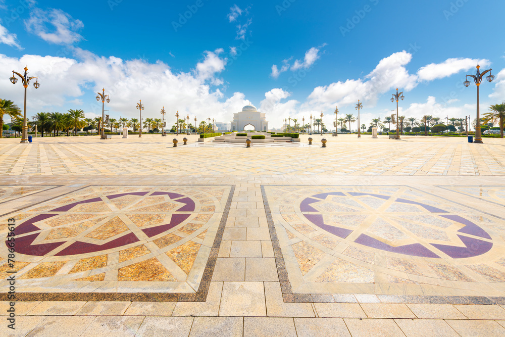 The courtyard, domed entrance gate and grounds of the Qasr Al Watan Presidential Palace in Abu Dhabi, United Arab Emirates. The courtyard, domed entrance gate and grounds of the Qasr Al Watan Presidential Palace in Abu Dhabi, United Arab Emirates.
