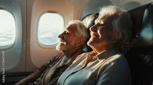 An elderly couple excitedly looks out an airplane window during takeoff, sunlight highlighting their faces and casting soft shadows in the cabin. , natural light, soft shadows, wit