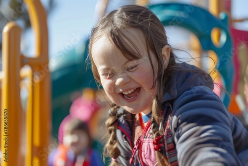 A joyful young girl with glasses playing on a colorful playground, smiling broadly. © robertuzhbt89
