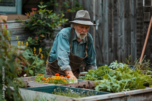 An elderly man with a beard gardening in raised beds filled with lush vegetables and flowers, wearing a hat and apron.