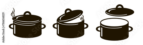 Set of three pots. The black silhouette of an open pan, half-open with steam and with a lid. Stock vector illustration isolated on a white background