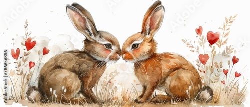A cute pair of hares in love, watercolor style illustration, valentines clipart with cartoon characters suitable for cards and prints photo