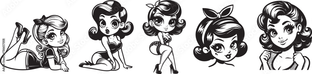 pinup woman retro style, pin up girl vintage monochrome clipart illustration