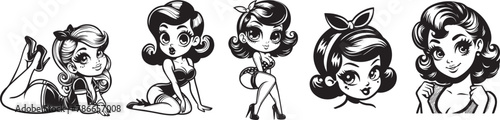 pinup woman retro style, pin up girl vintage monochrome clipart illustration © Cris