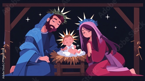 Joseph, Mary, and Newborn Jesus in a Joyous Nativity Scene
