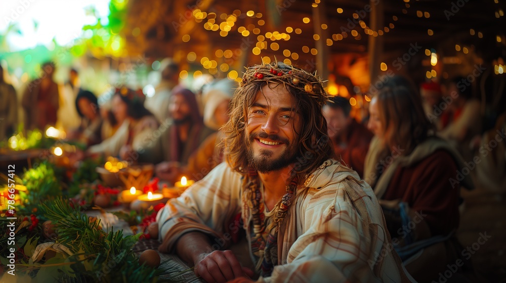 Jesus Christ celebrates Christmas at a large outdoor banquet