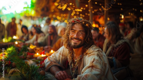 Jesus Christ celebrates Christmas at a large outdoor banquet