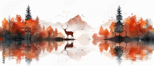Nordic art picture of deer in autumn landscape, Scandinavian poster for wallpaper, print, and interior design photo
