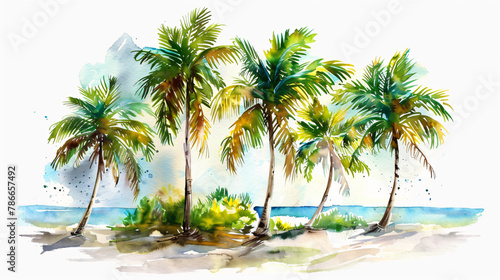 Illustration of palm trees on the beach with ocean sea, watercolor painting of palm trees 