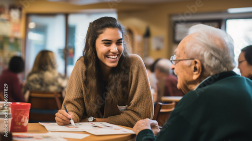 A college student volunteers at a local senior center, organizing activities and fostering intergenerational connections. --ar 16:9 Job ID: bf170e5f-8248-4a84-b953-5b11c00b18ed
