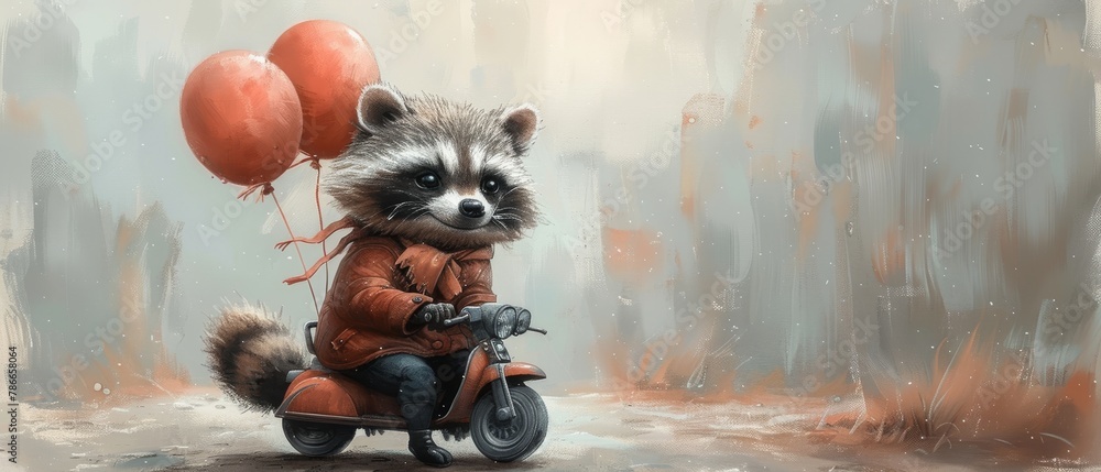 Raccoon drawing with balloons, raccoon driving scooter, watercolor illustration, good for cards and prints - obrazy, fototapety, plakaty 