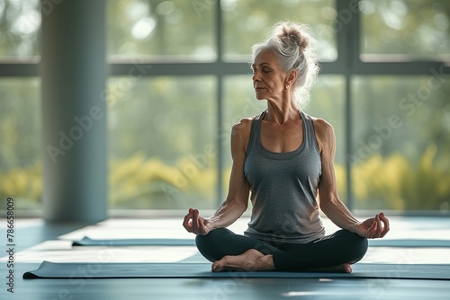 White hair senior woman sitting in yoga asana in yoga class.