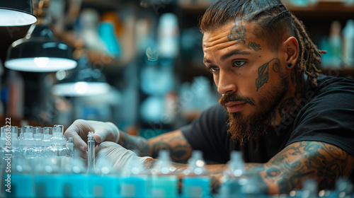 Sterile Workspace: The tattoo artist meticulously prepares their workstation, laying out sterile needles, ink caps, and other equipment on a clean and sanitized surface, ensuring a photo