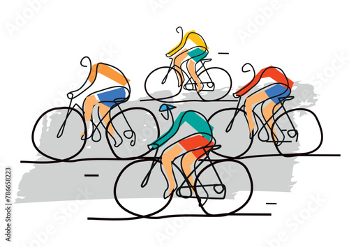 Cycling race, line art stylized.
 Illustration of group of cyclists on a road. Continuous Line Drawing. Vector available.	