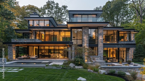 Luxurious modern home with stone features and warm lighting at dusk