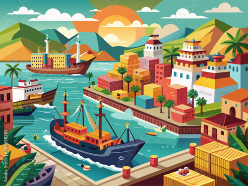 Bustling harbor with ships unloading exotic goods from distant lands Illustration