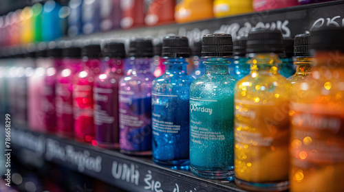 Vibrant Ink Selection: Shelves stocked with an extensive array of vibrant tattoo inks in every hue of the rainbow offer clients endless possibilities for color palettes and shading photo