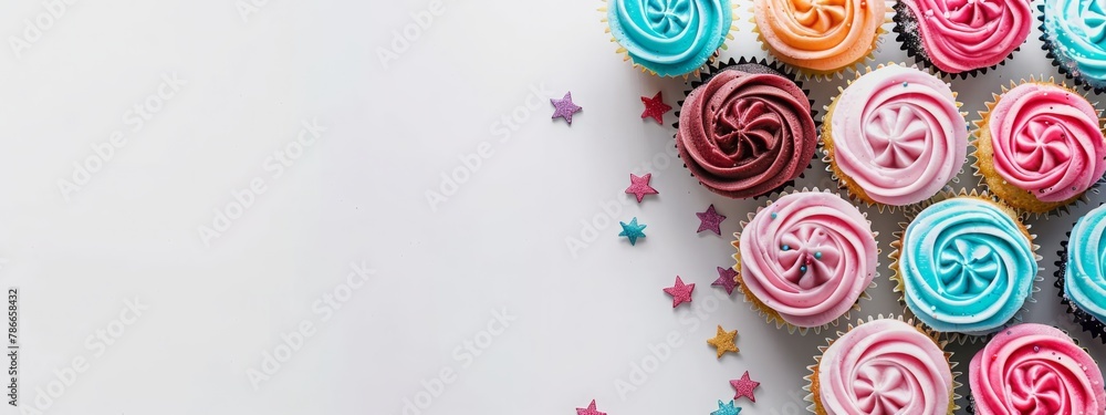 Colorful Cupcakes Adorned with Star-shaped Toppings on a Bright White Background
