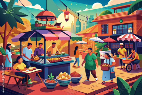 Bustling street food market with vendors selling exotic dishes Illustration