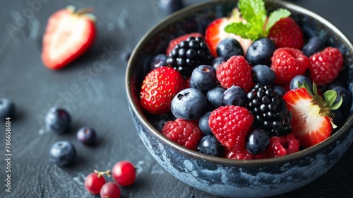 healty breakfast bowl with fresh berries  Blueberries  raspberries  strawberries  oat flakes and a fresh mint leaf  food photography  16 9