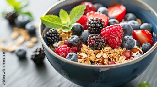healty breakfast bowl with fresh berries, Blueberries, raspberries, strawberries, oat flakes and a fresh mint leaf, food photography, 16:9