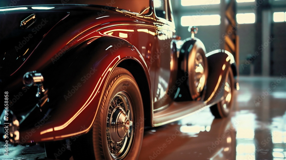 Vintage car with glossy, dark red paint and intricate chrome details
