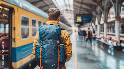 Young traveler man with backpack in train station. Single backpacker traveler man waits train on railway platform
